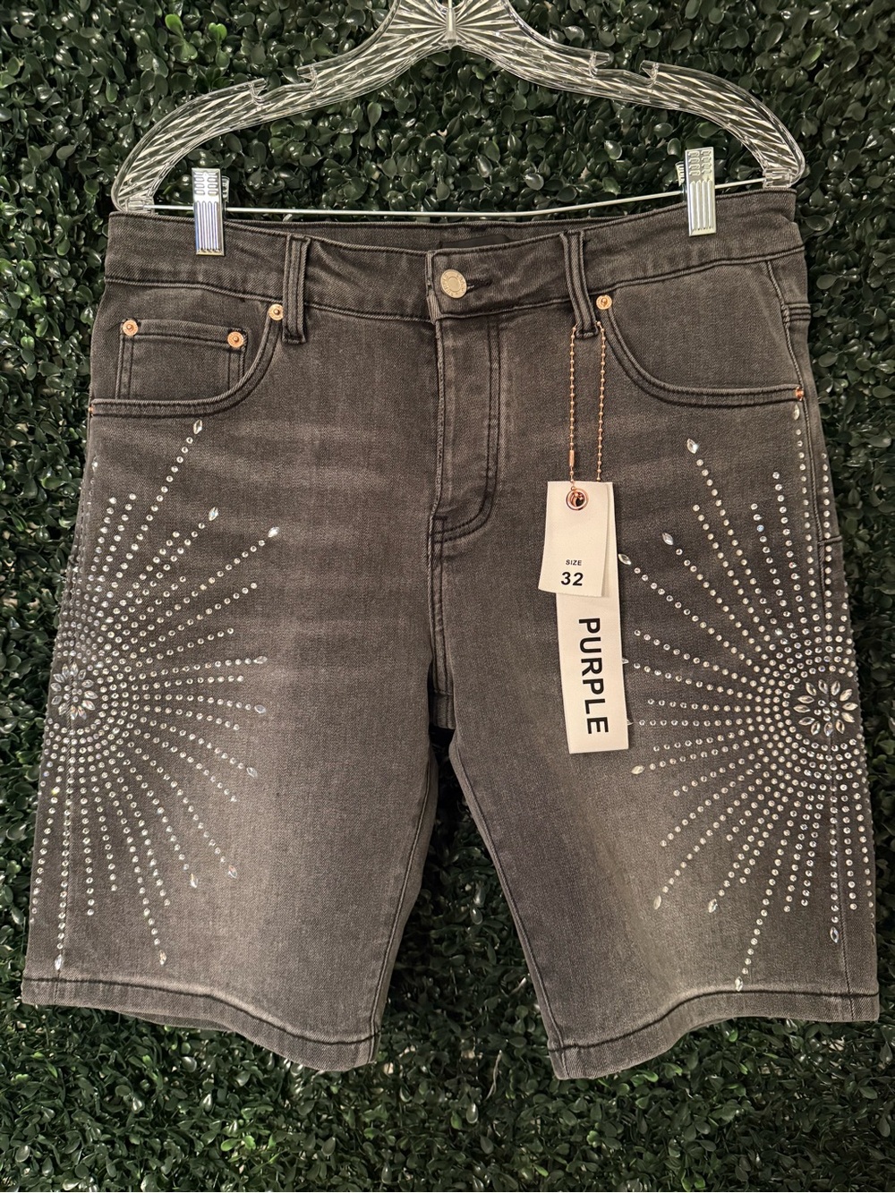 PURPLE BRAND Men's black Wash Denim Shorts Rhinestone 5-Pocket size 32